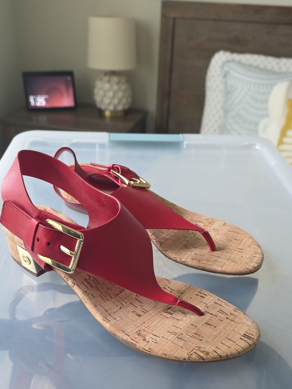 Michael Kors Red Thong Cork Sandals with Gold Buckle Detail